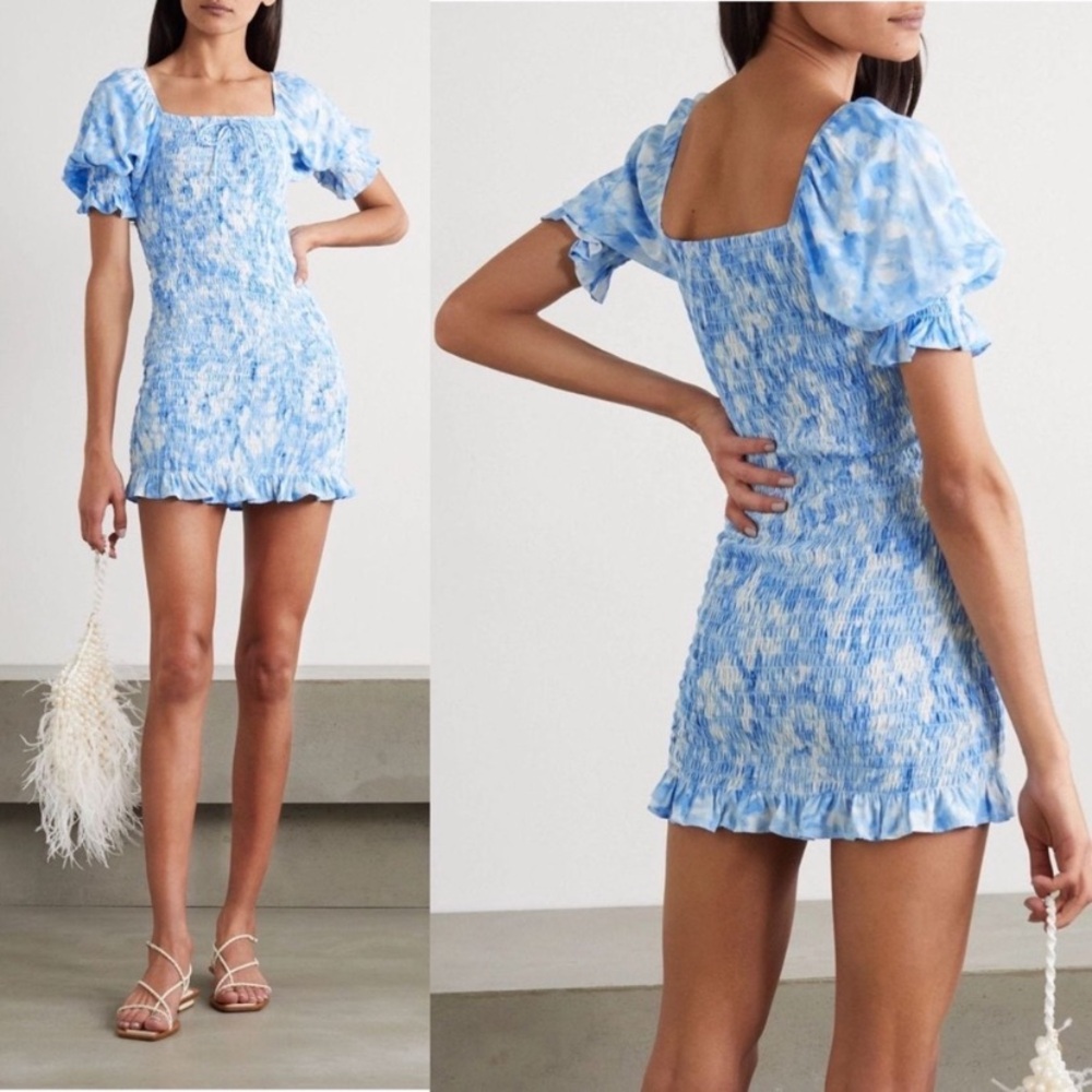 Faithfull The Brand | Magnolia Smocked Mini Dress Blue Roos Tie Dye (M/6) - Picture 1 of 16